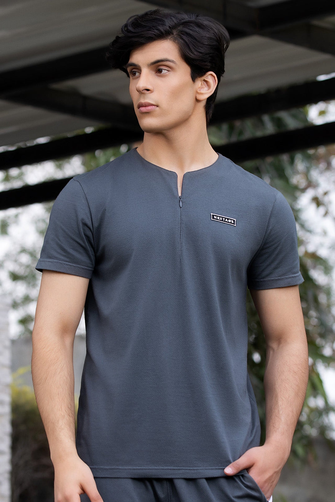 INVISIBLE ZIP DETAIL GREY SHIRT