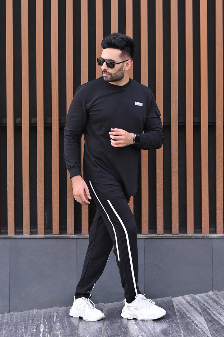 Black Sleeve Pocket Detail & Side Stripe Tracksuit