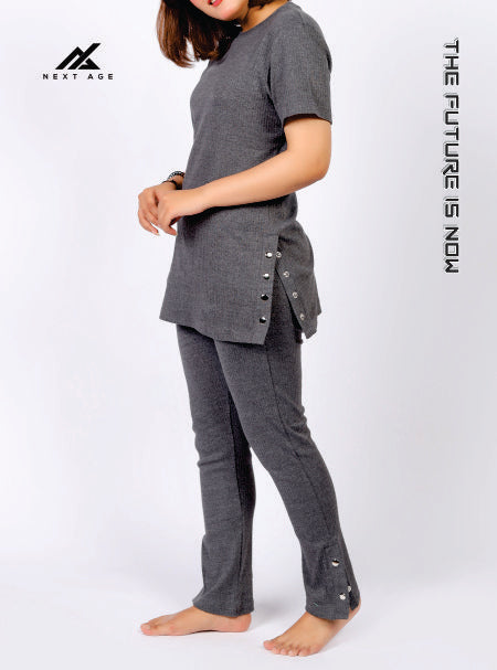 Charcoal Popper Button Detail Pajama suit