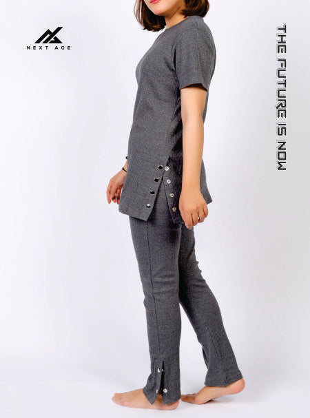 Charcoal Popper Button Detail Pajama suit