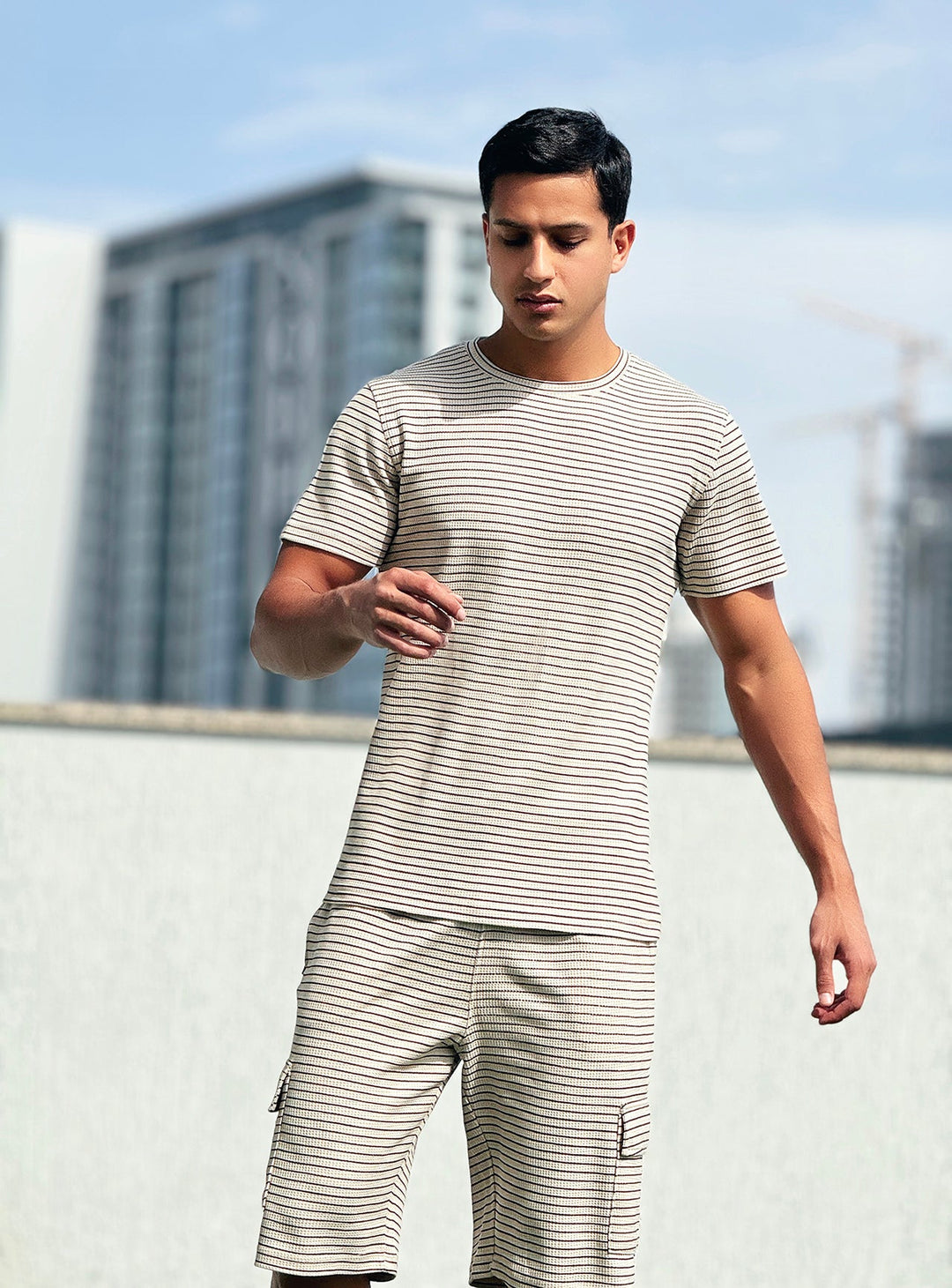 Beige Waffle Knit Round Neck Cargo Shorts Set