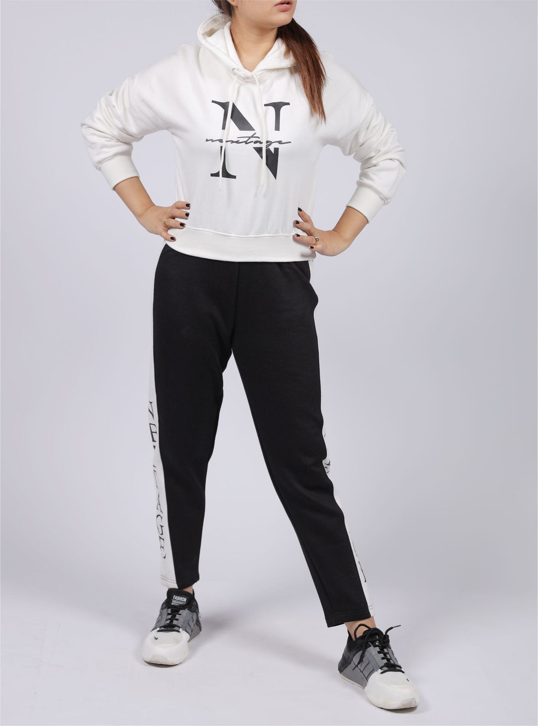 White Slogan Crop Hooded & Jogger Tracksuit