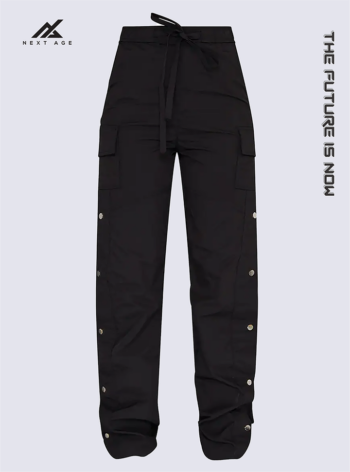 Black Popper Detail Split Hem Pants