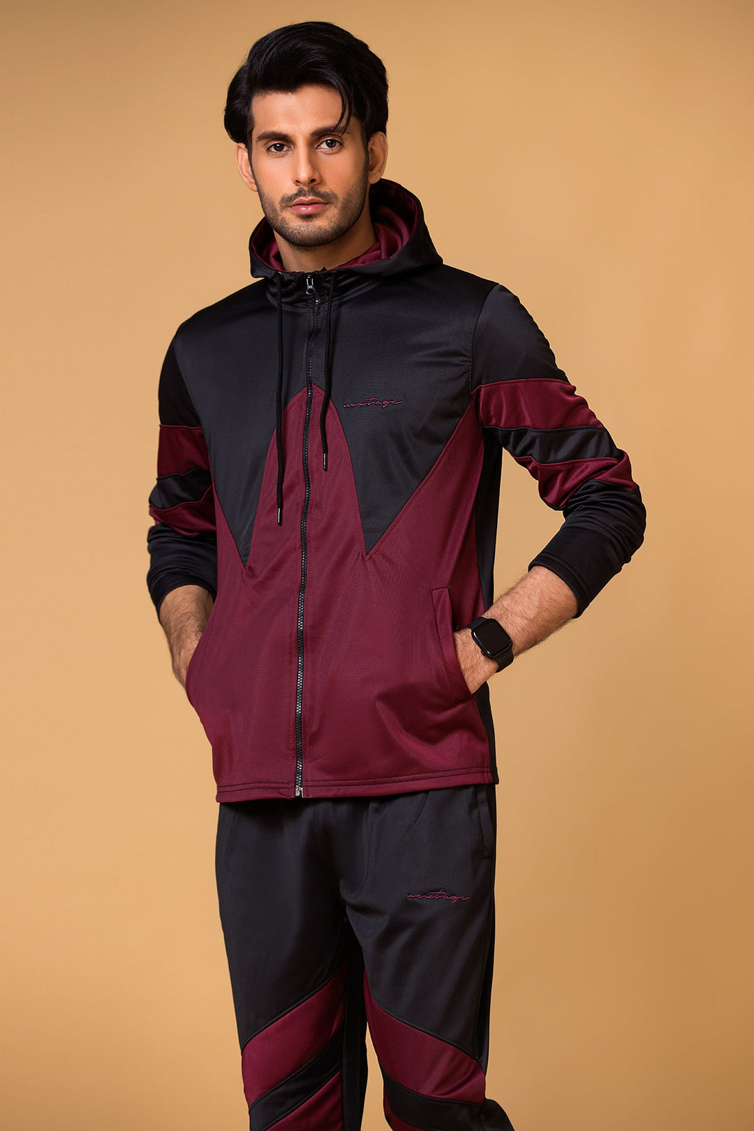 Signature Embroidered Logo Maroon Black Tracksuit