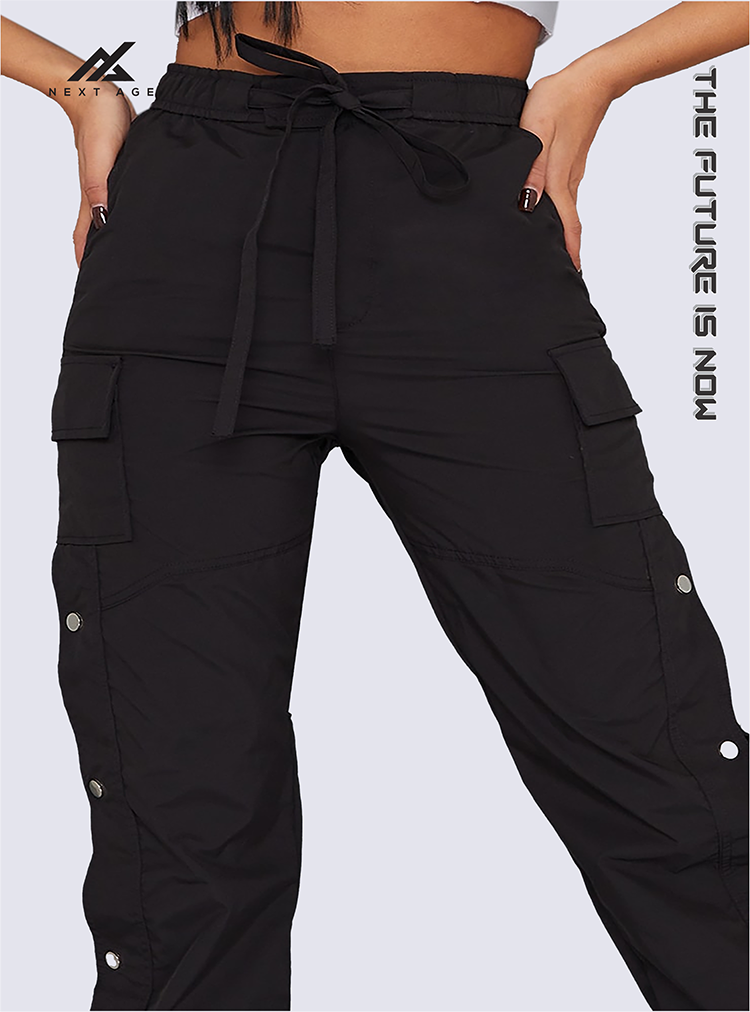 Black Popper Detail Split Hem Pants