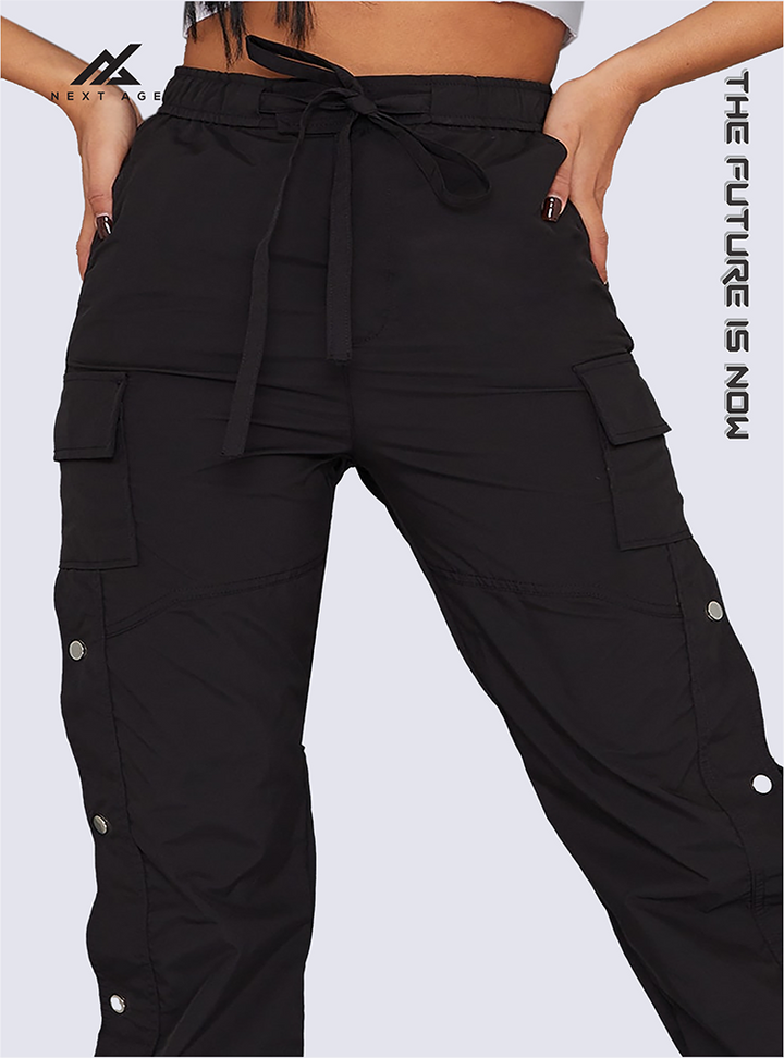 Black Popper Detail Split Hem Pants